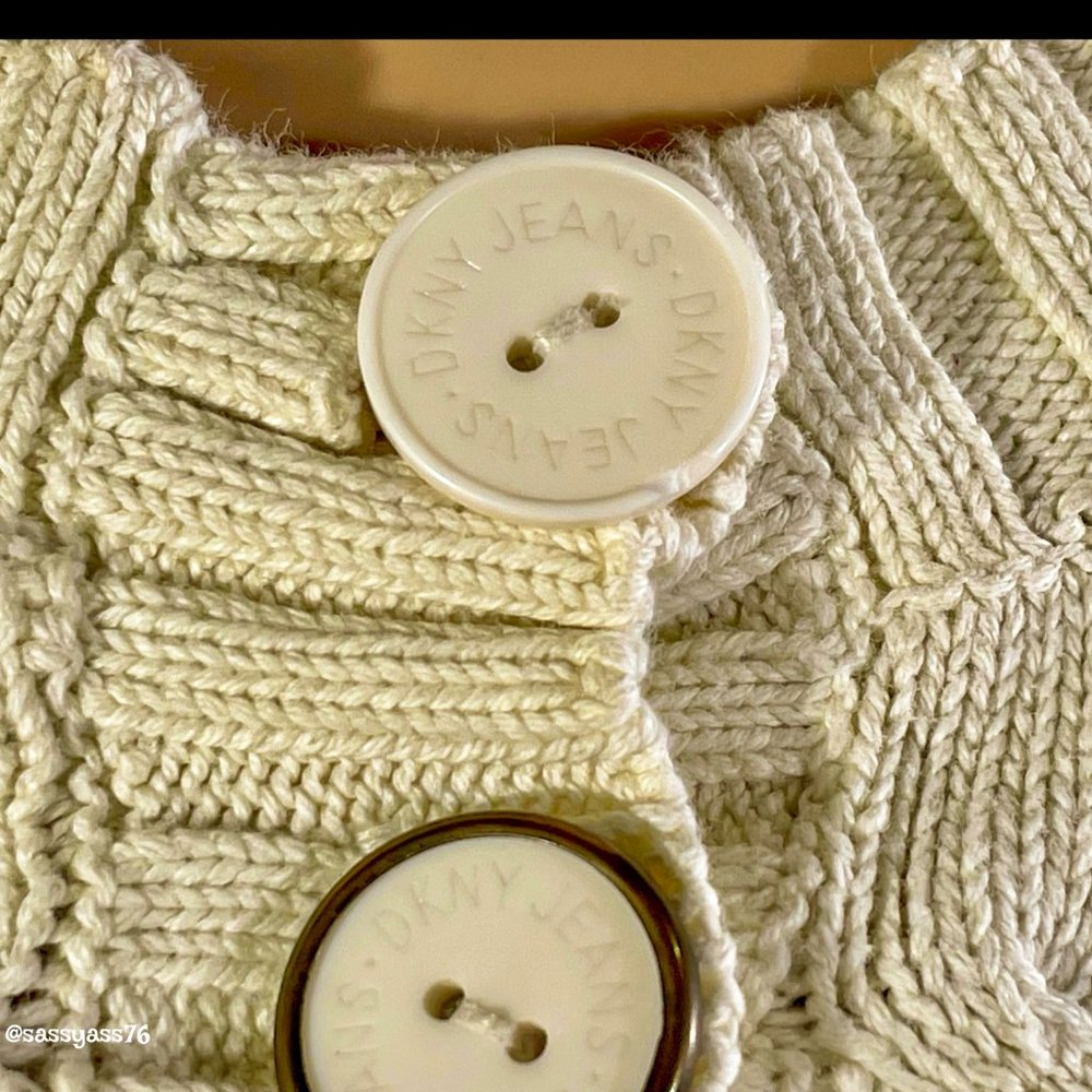 ▪️DKNY JEANS▪️Cream Multi-Pattern Knit Cotton Blend Fitted Sweater - Picture 6 of 7